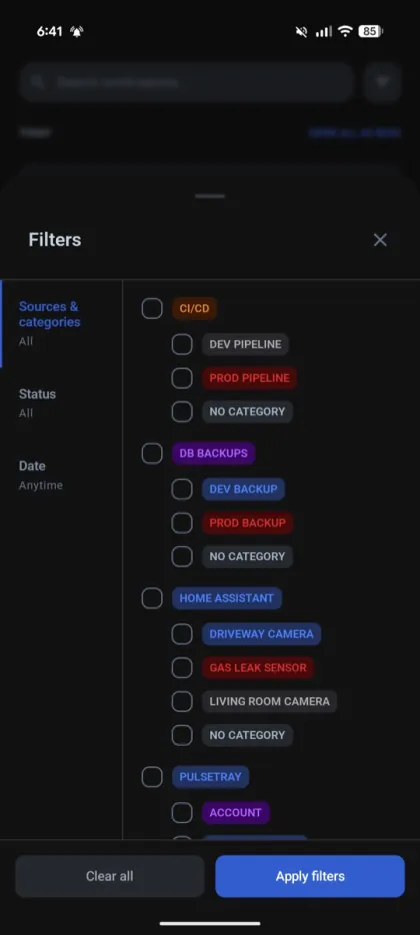 Pulsetray inbox filters by source and category
